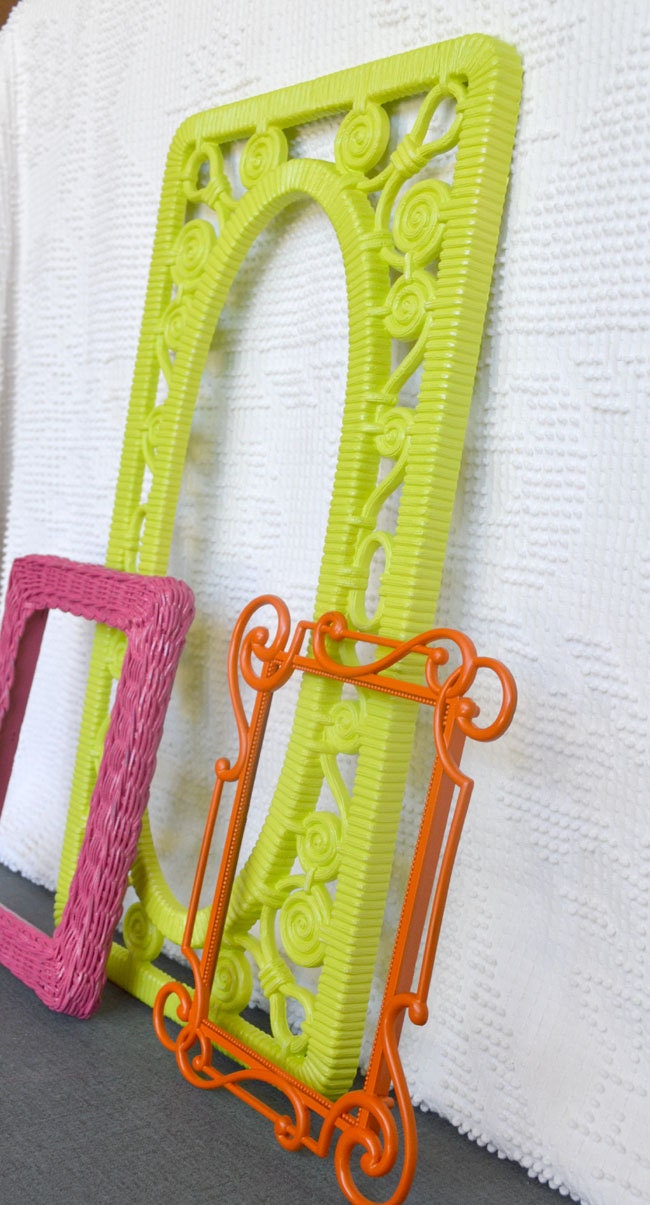 Bright Pink Lime Green Orange Funky Frames Set of 3 - Upcycled painted frame collection.. great for Gallery Wall