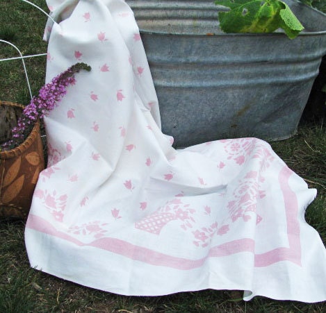RESERVED Vintage Pink Tablecloth Flowers Baskets // COTTAGE Shabby Chic FARMHOUSE Beach Retro // 1950's