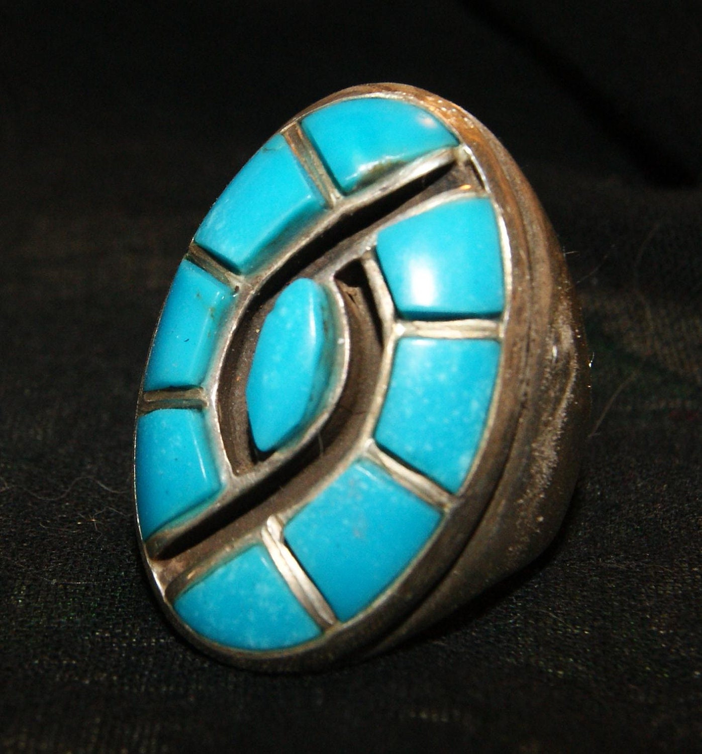 OLD PAWN ZUNI Hummingbird Inlay Sterling Ring  Blue Gem Turquoise Size 9 c1950