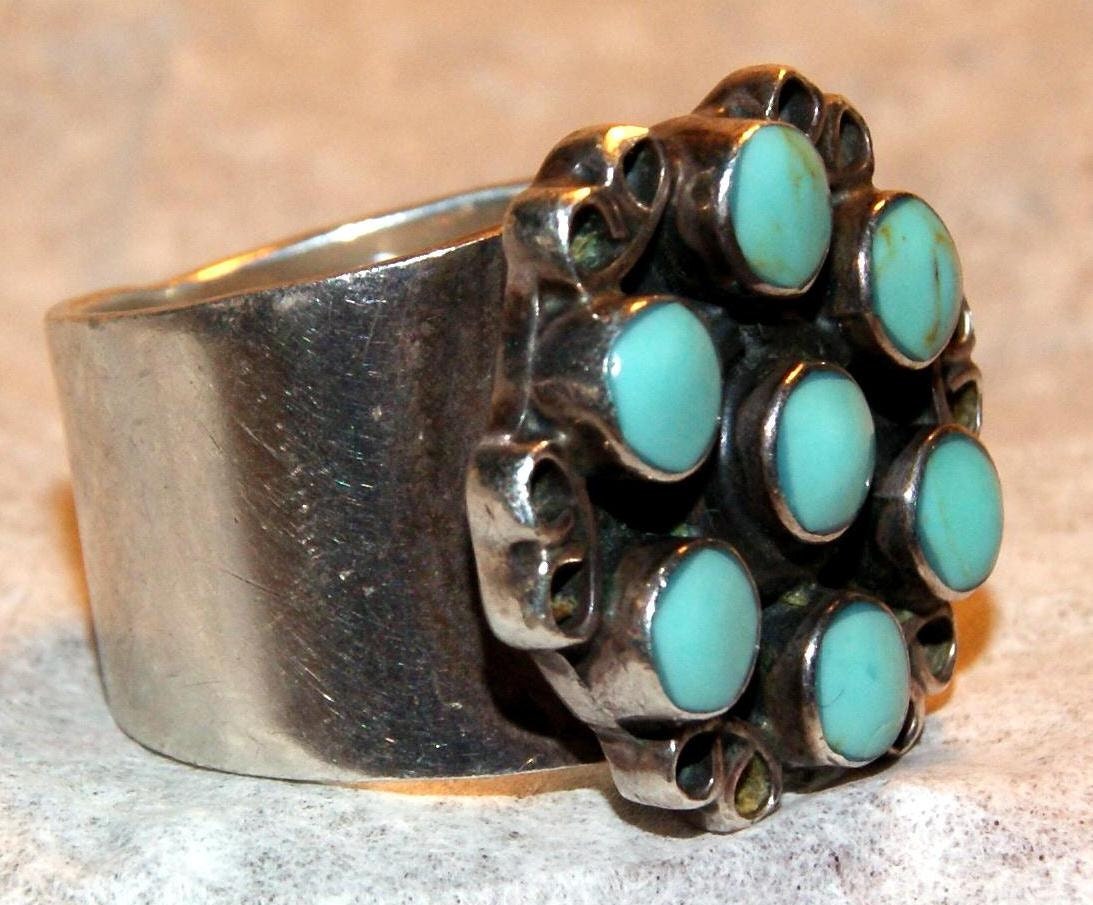 ZUNI SNAKE EYE Ring Turquoise Sterling Size 7.75 Maker's Mark c1950