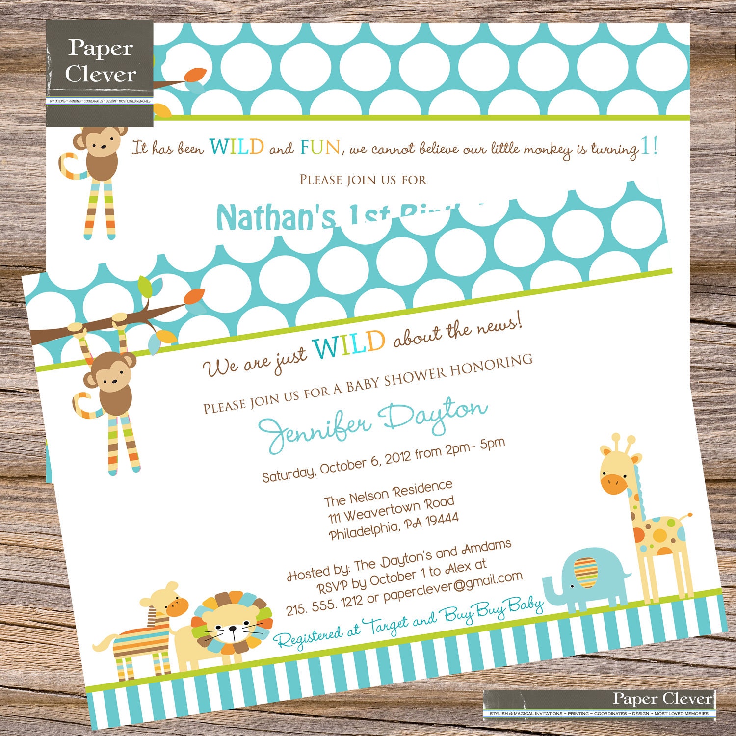 Boys Birthday Invitations, modern jungle, Baby Shower - digital file, printable #239 Il_570xn
