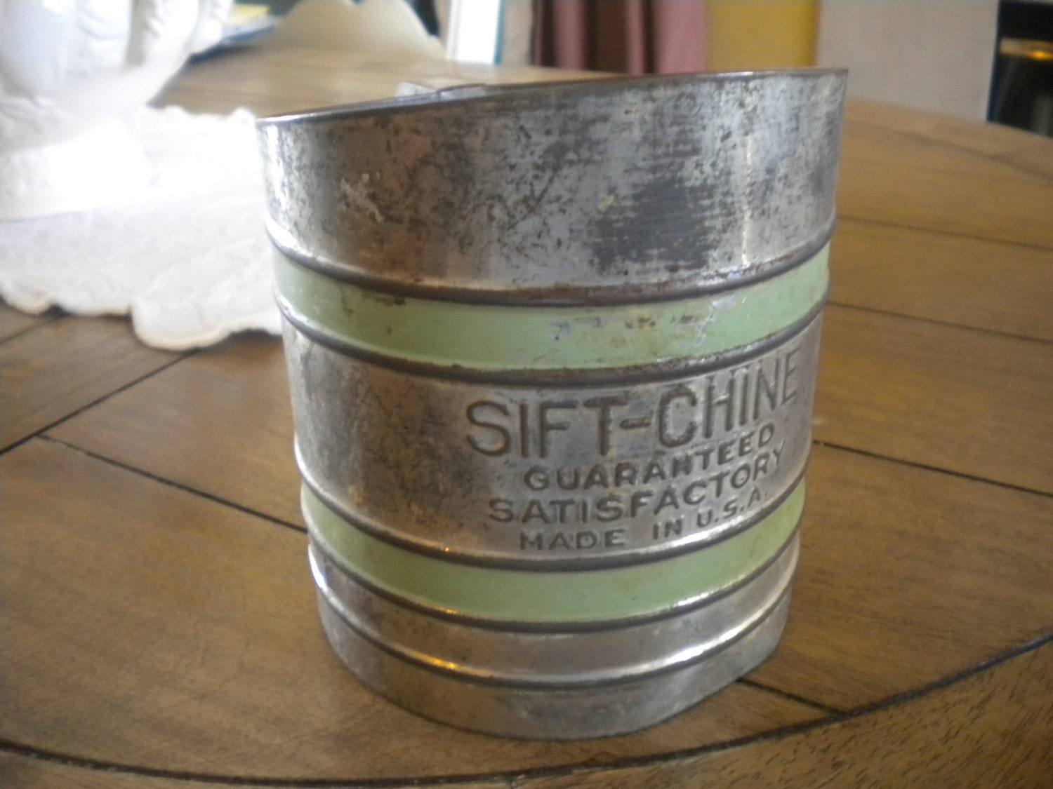 Vintage Metal Flour Sifter with Green Stripes