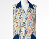 60s Vintage Shirt Cute Collar Floral Diamond Pattern Blue Pockets Large