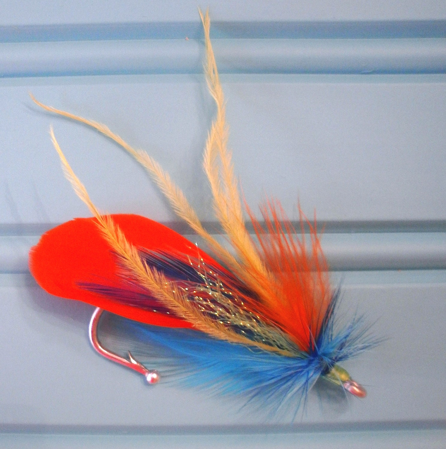 Custom nautical fly fishing wedding boutonniere lure hook feather beach tropical desination aqua orange lime chartreuse fishing fisherman