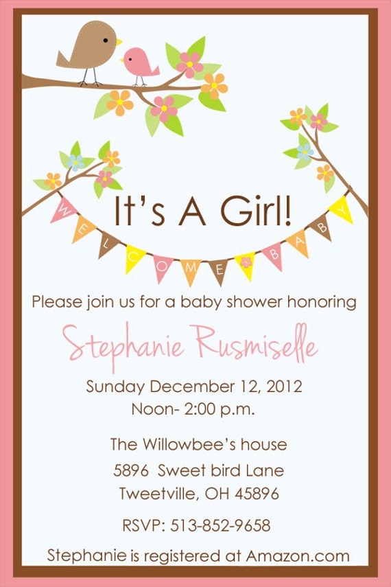 Baby Shower invitation, Tweet little bird, For Girl, Customized, Print ...