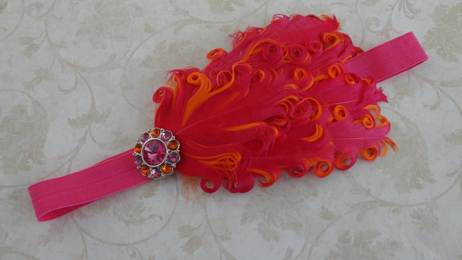 Nagorie Feather Headband - Hot Pink / Orange Nagorie Feather Headband - Baby Headband - Girls Feather Headband - Photo Prop