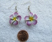 23mm Hawaiian Light Blue Plumeria Frangipani Polymer Clay Dangle Earrings with Fushia Pink/Purple Tips and a Yellow Center