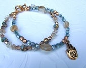 Boho peach Citrine gemstone and blue beaded Hand of Fatima yoga bracelet