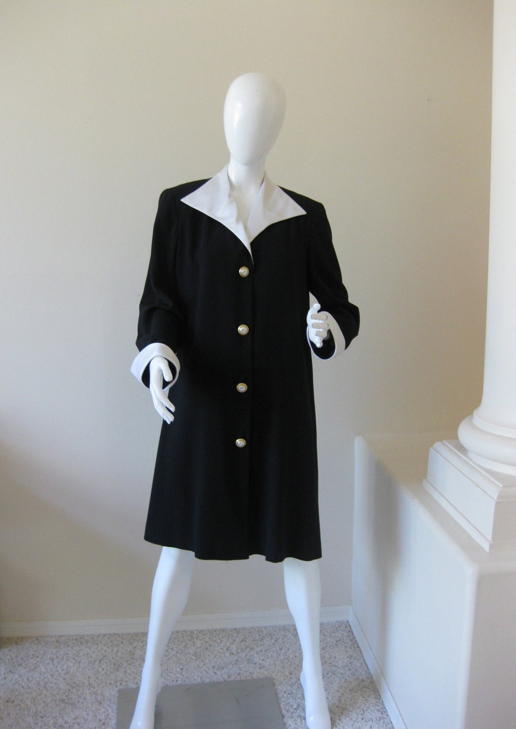 1980's Dress Coat - CONSTANCE SAUNDERS - Vintage Black and White Dress - Size 14