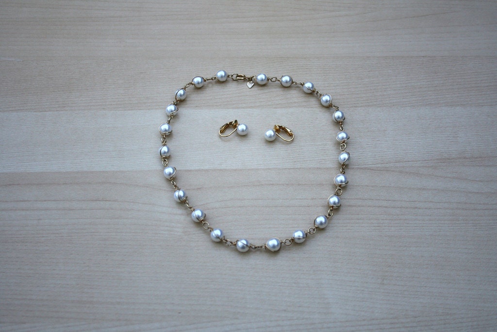 Sweet Matching Set - Sarah Coventry - Gold Tone and Faux Pearl Necklace and Earrings - Kerry