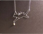 Cat Chases Ball - Sterling Silver Pendant Necklace w/Fresh Water Pearl
