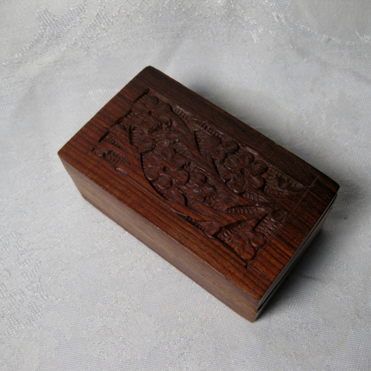 Reserve for Colleen Vintage Wood Box Carved Cherry Blossoms Trinket Box V2012161