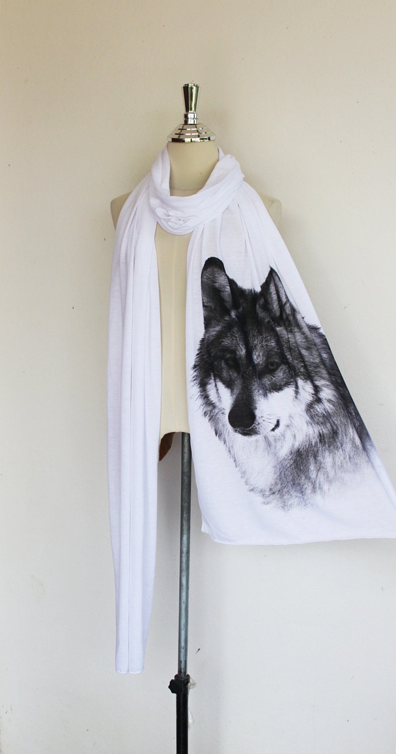 Wolf Scarf Animal Screenprinted Long Jersey in White Cotton Scarf Women/Men.