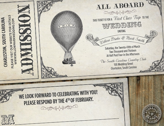 Steampunk inspired Hot Air Balloon Ticket Invitation for wedding with matching response card Il_570xn