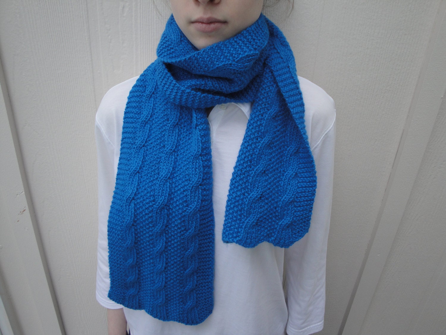 Mens Alpaca Wool Cabled Scarf, Hand Knit, Bright Blue, Luxury Women