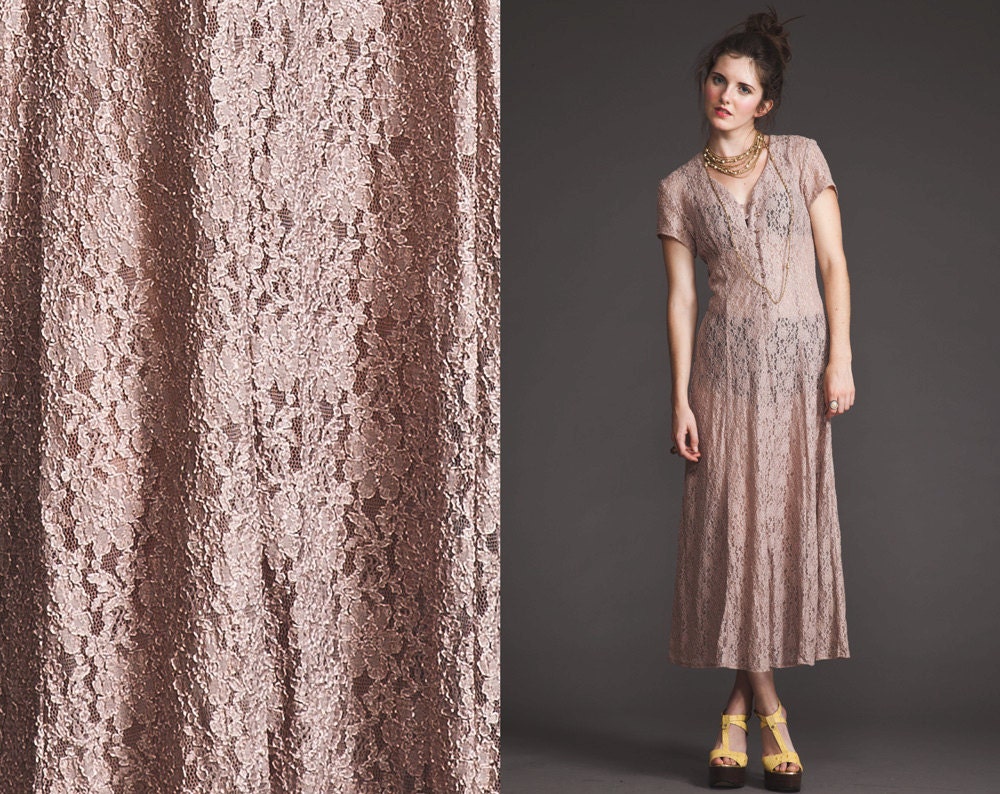RESERVED Gorgeous sheer nude lace maxi dress// Champagne buttons//art deco//80s 90s does 70s 30s