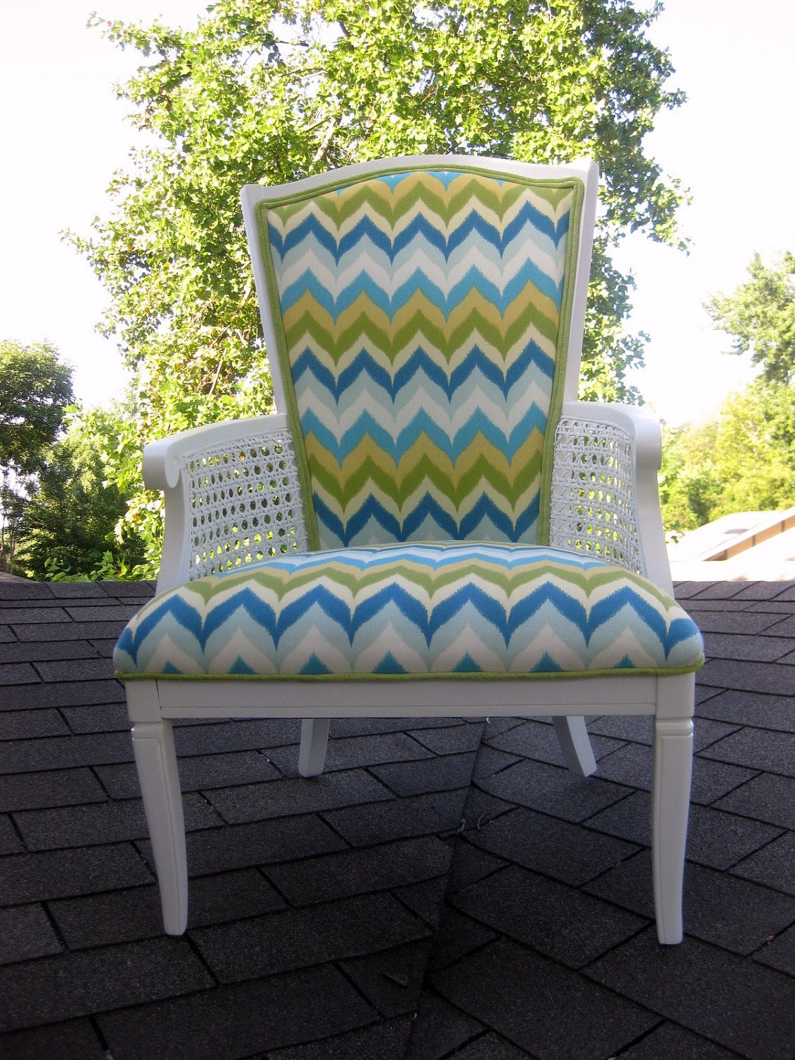 Chevron Ikat Teal Blue Green Vintage Cane Side Chair