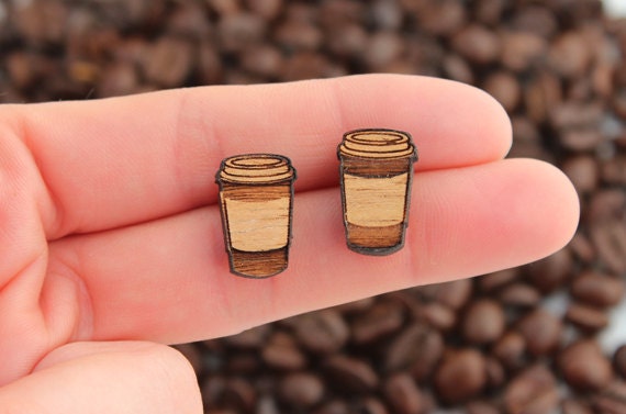 Wood laser cut earrings studs takeaway coffee latte cup