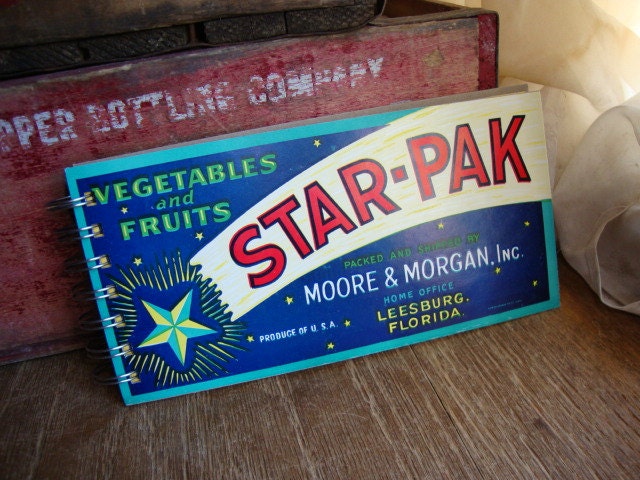 Vintage Star-Pak CRATE LABEL upcycled into 70 pg unlined Spiral Bound NOTEBOOK Doodle Pad