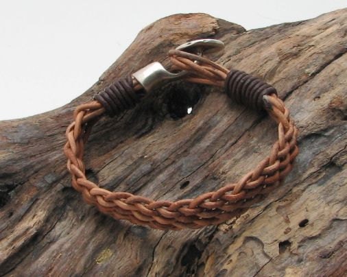 FREE SHIPPING. Men or Women , unisex leather bracelet. Handmade brown leather  braided bangle  with silver plated clasp
