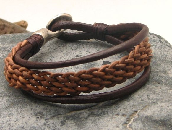 FREE SHIPPING Unisex leather bracelet Brown and fawn leather braided multi strap bangle bracelet with silver plated clasp
