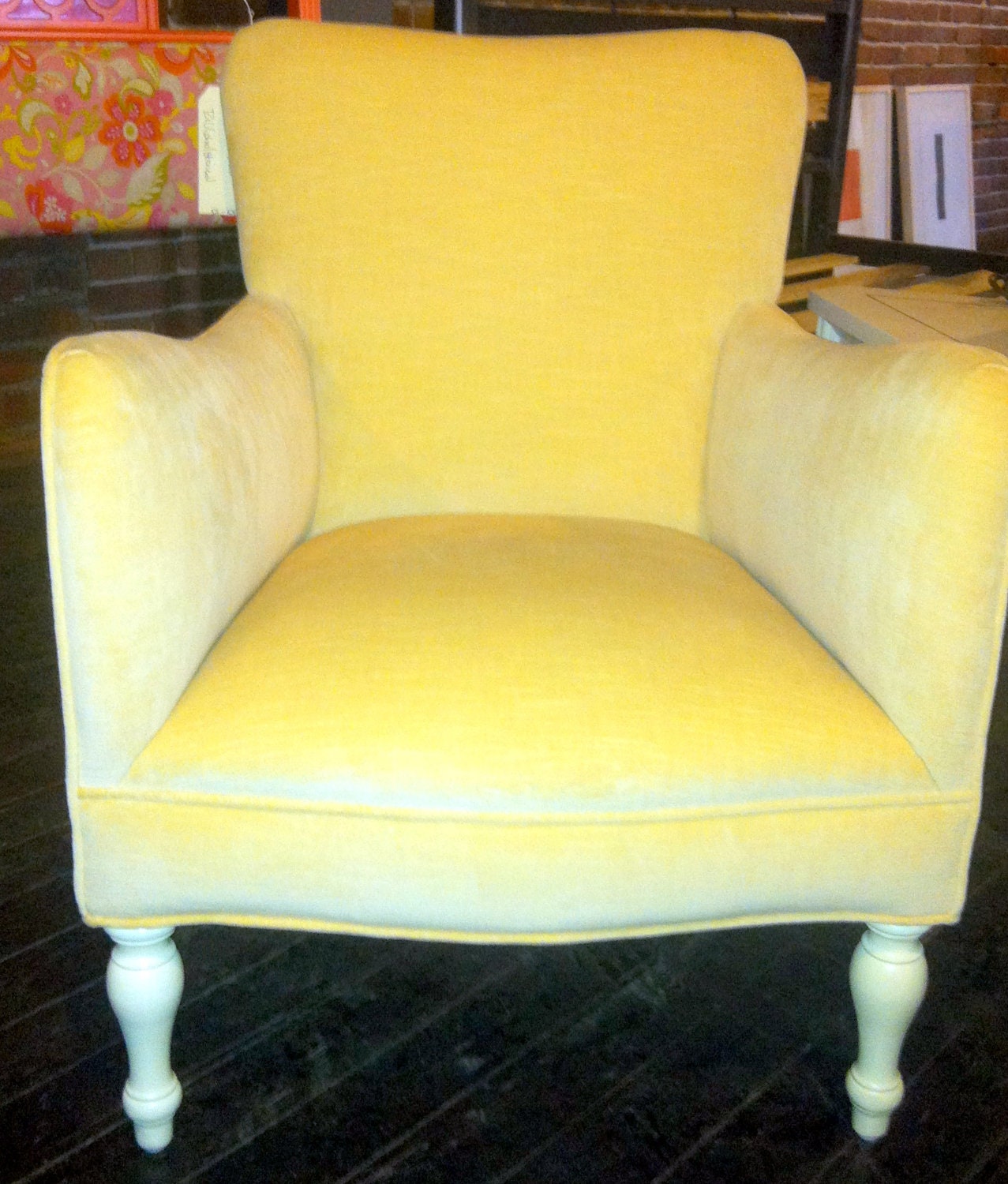 SPRING CLEARANCE SALE. ReUpholstered Butter Yellow Velvet Arm Chair