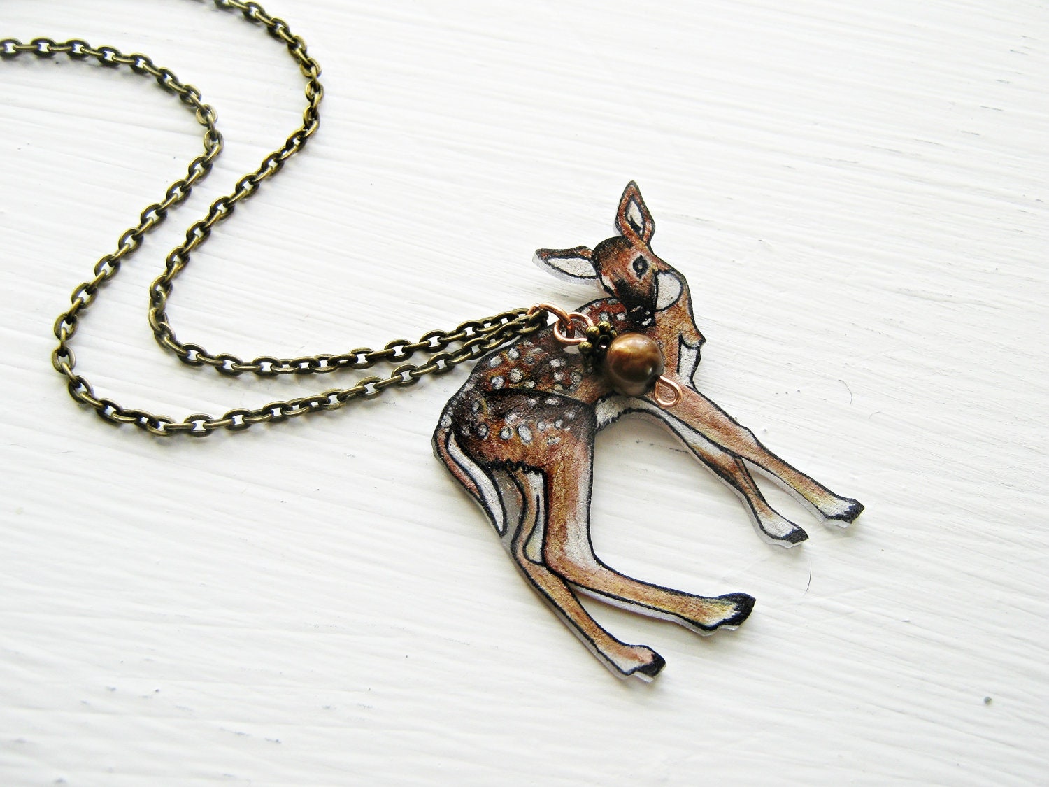 Fawn Necklace, Shrink Plastic Necklace, Fawn Deer,  Baby Animal, Brown, Cream, Bronze, Wearable Art, Freshwater Pearls