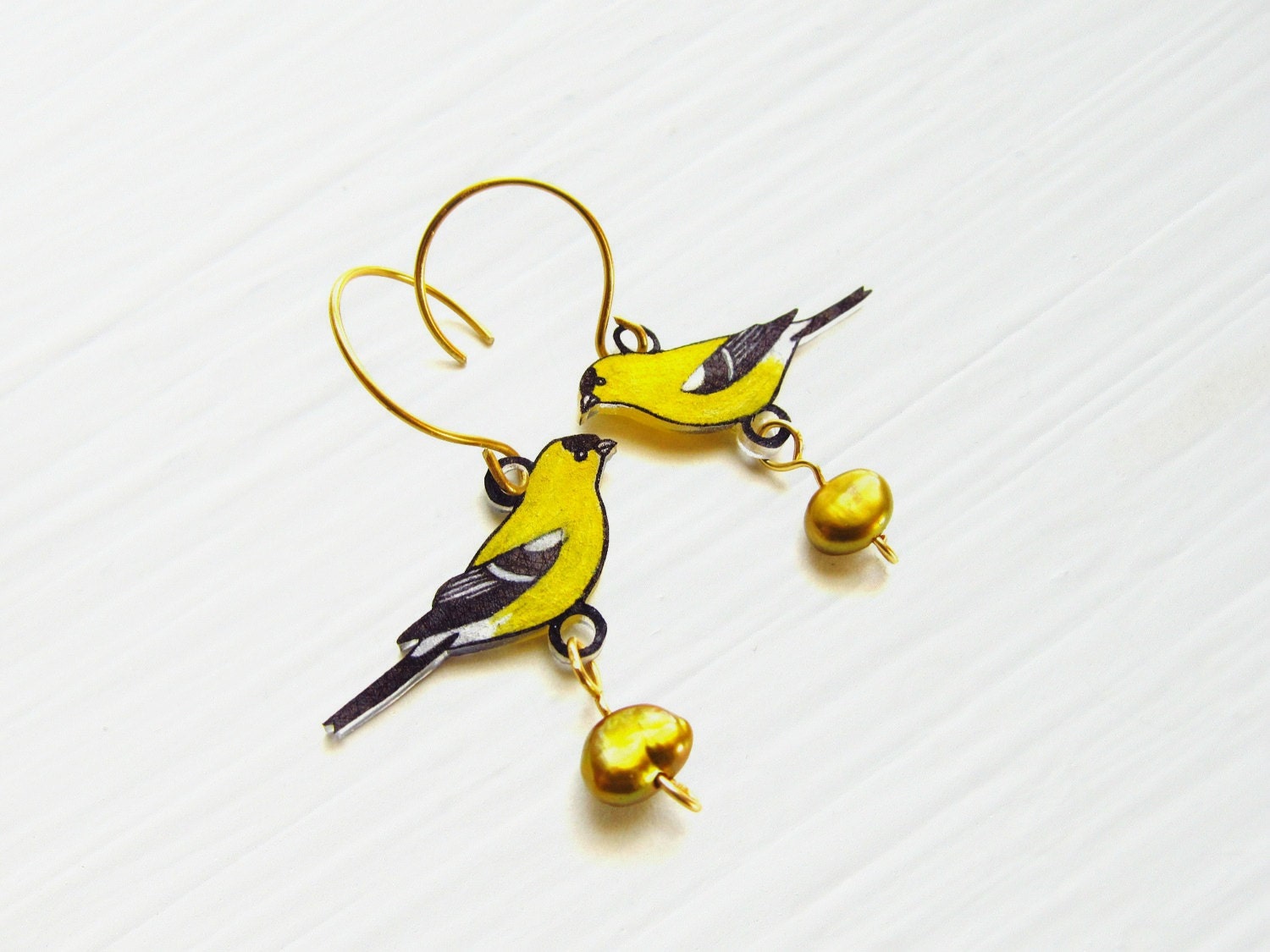 Goldfinch Earrings, Shrink Plastic, Bird, Songbird, Woodland,Yellow, Black, Freshwater Pearls, Wearable Art
