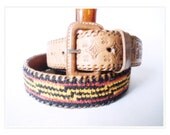 Indian 32" Belt  Leather with Tooled Embossed Design and Colorful Indian Embroidery UNISEX Womens Mens Elastic