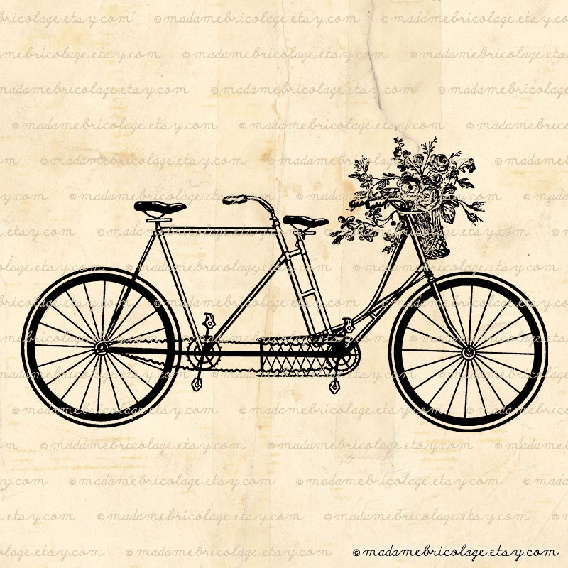 INSTANT DOWNLOAD Tandem Bicycle, Flower Basket, Digital Download for Iron on Transfer Papercrafts Pillows T-Shirts Tote Bags Burlap No 01681