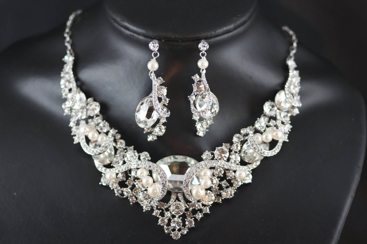 Bridal Jewelry, Bridal Necklace, Pearl Necklace, Swarovski crystal and pearl bridal necklace and earrings set (Barona)