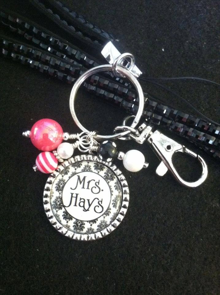 Personalized Black Bling Lanyard with Cordinating Beaded Bezel Pendant Keychain