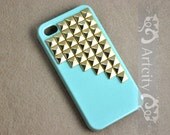 Studded Iphone Case Golden pyramid studs Light Green IPHONE 4/4S Case----for Apple iPhone 4 Case, iPhone 4s Case, iPhone 4 Hard Case