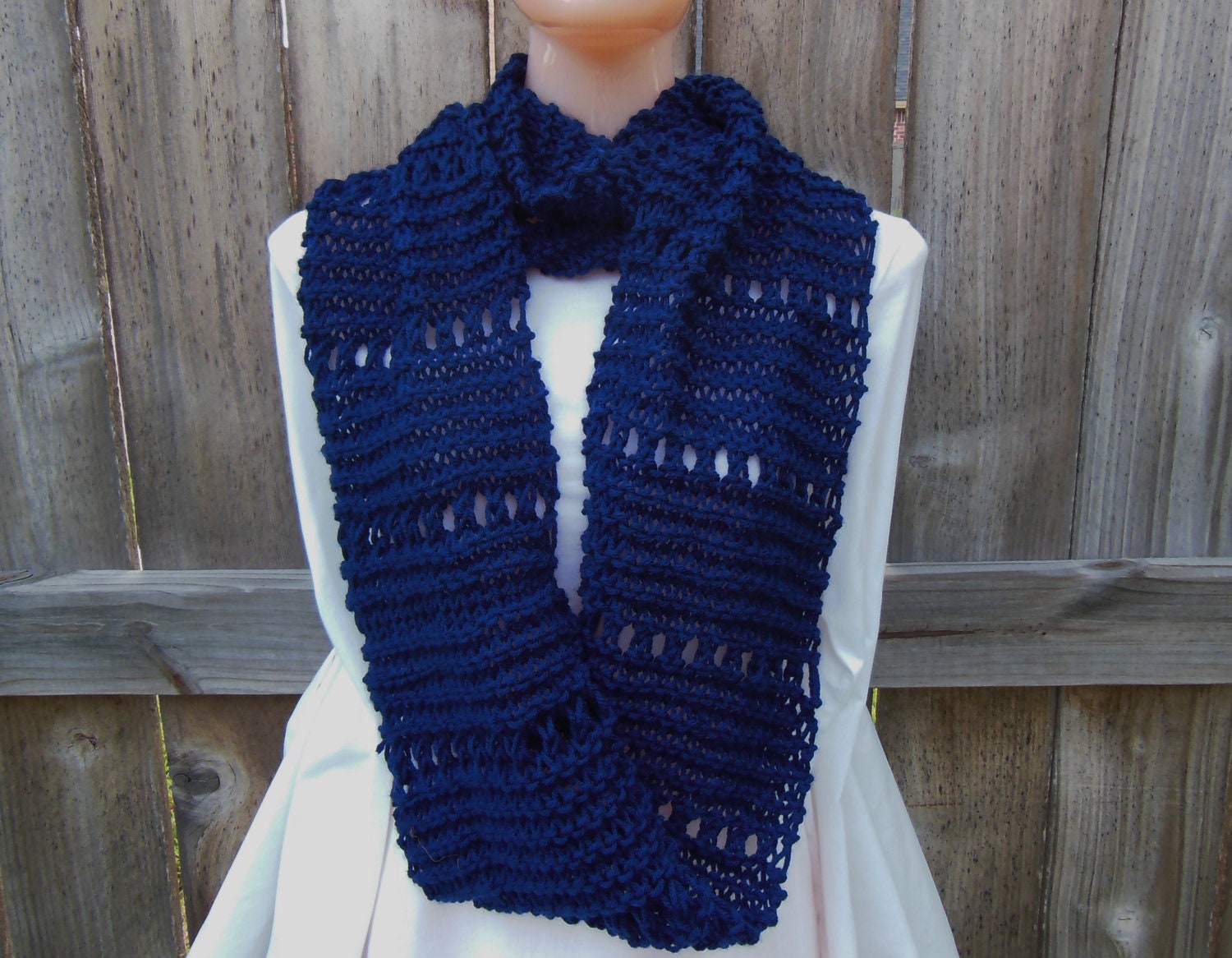 Knit Scarf. Infinity Chunky Knit Cowl. Oversized Hand Knit Infinity Scarf in Blue Lace Stitch