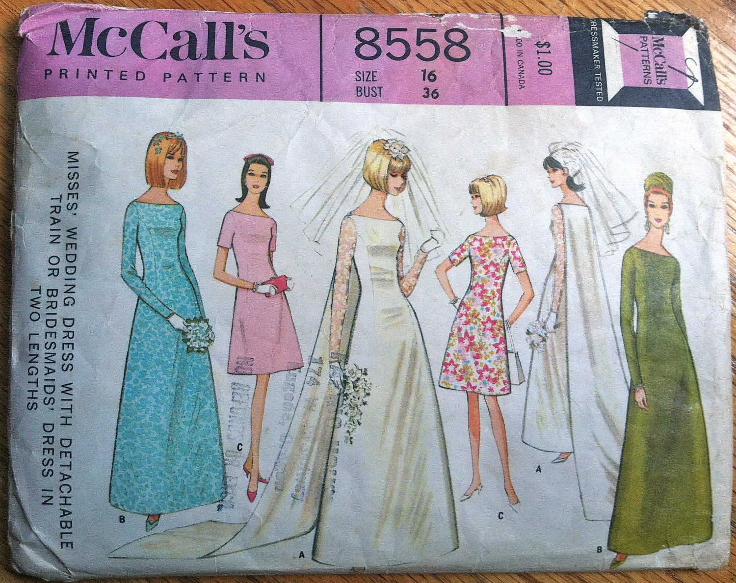 1960's McCall's Wedding Dress with Train Pattern - Bust 36" - no. 8558