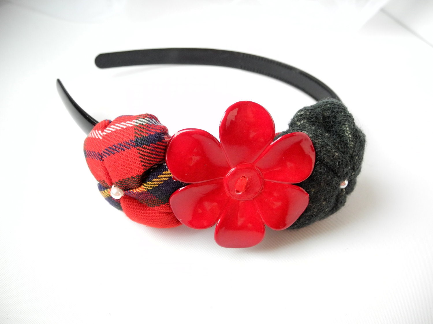 Tartan hairband fabric flowers red green headband - ready to ship