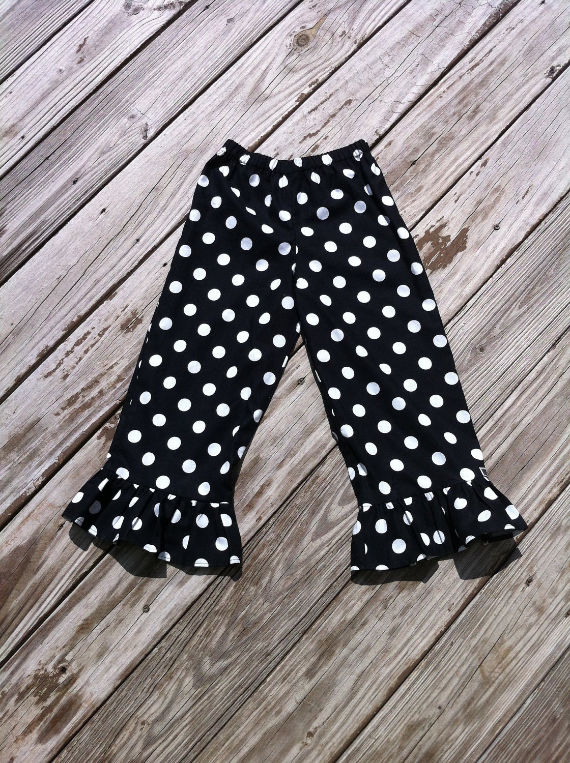 Girls ruffle pants, capris, or shorts. Black white or your choice mod polka dot. Custom boutique childrens clothing By EverythingSorella.
