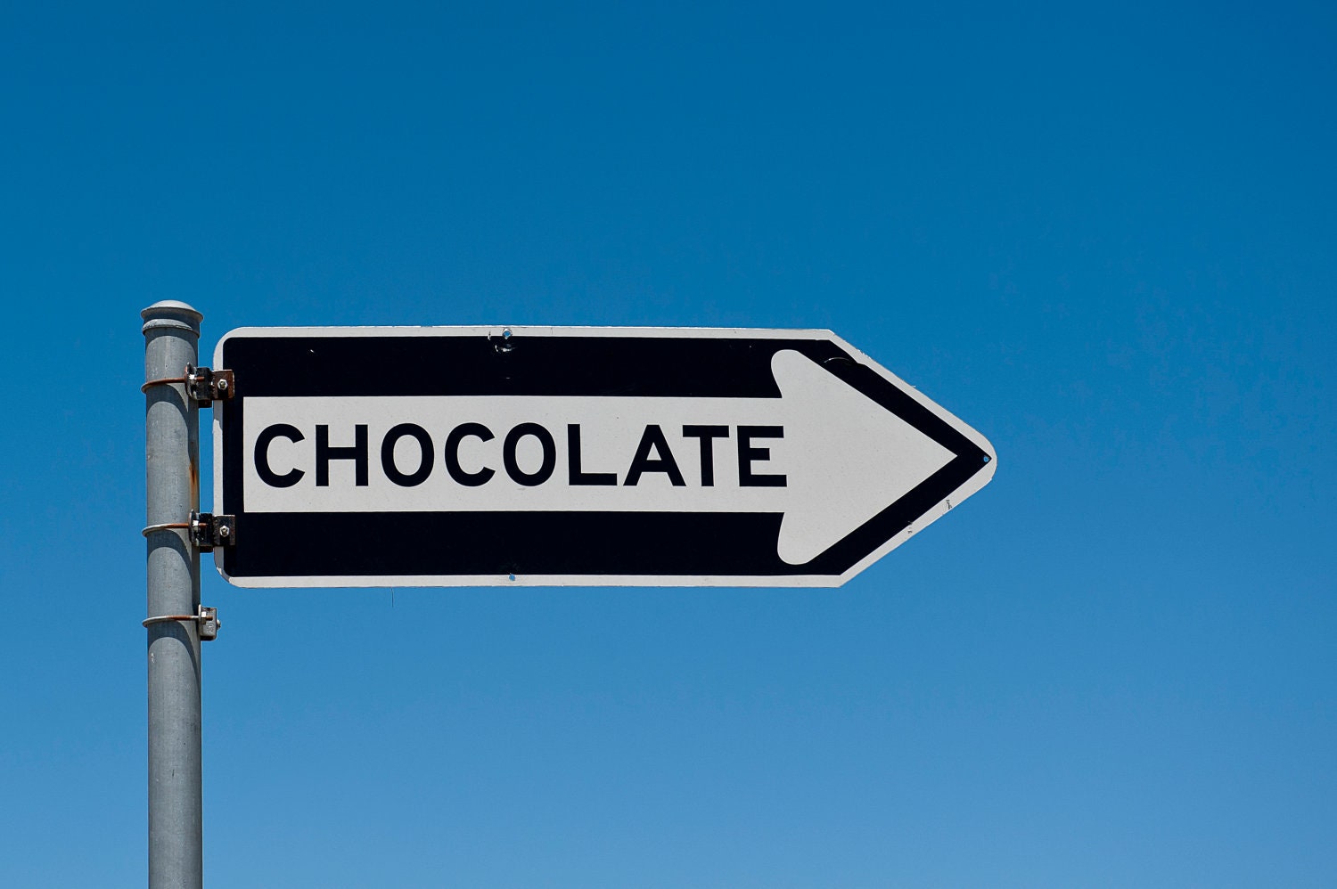 Art for Chocolate Lovers 9 x 12 Photograph Black and White arrow "Chocolate" Street Sign against a Blue Sky,  San Francisco, Chocoholic