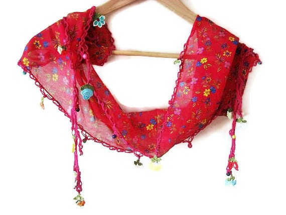 Red Cotton  Turkish Scarf  With Traditional Lace