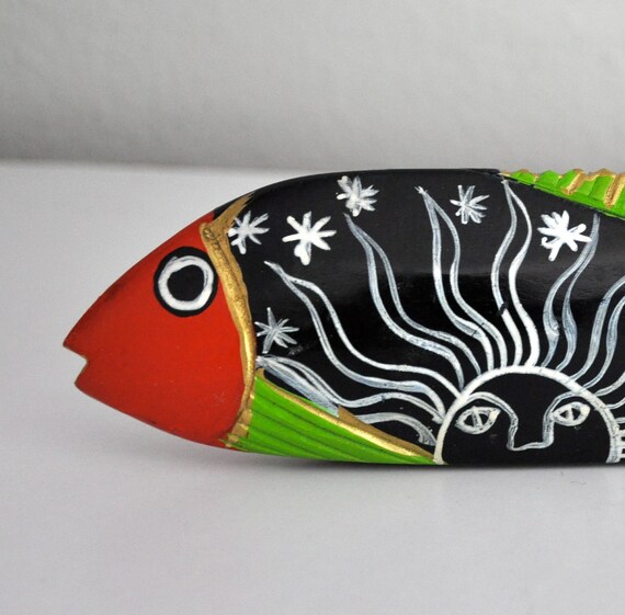 Vintage Folk Art Hand Painted Wooden Fish by CardinalCache on Etsy