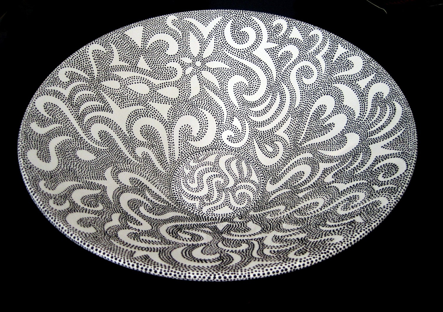 Asian Flared Bowl --- White Glazed Bowl with Thousands of Embossed Black Tiny Dots forming designs.