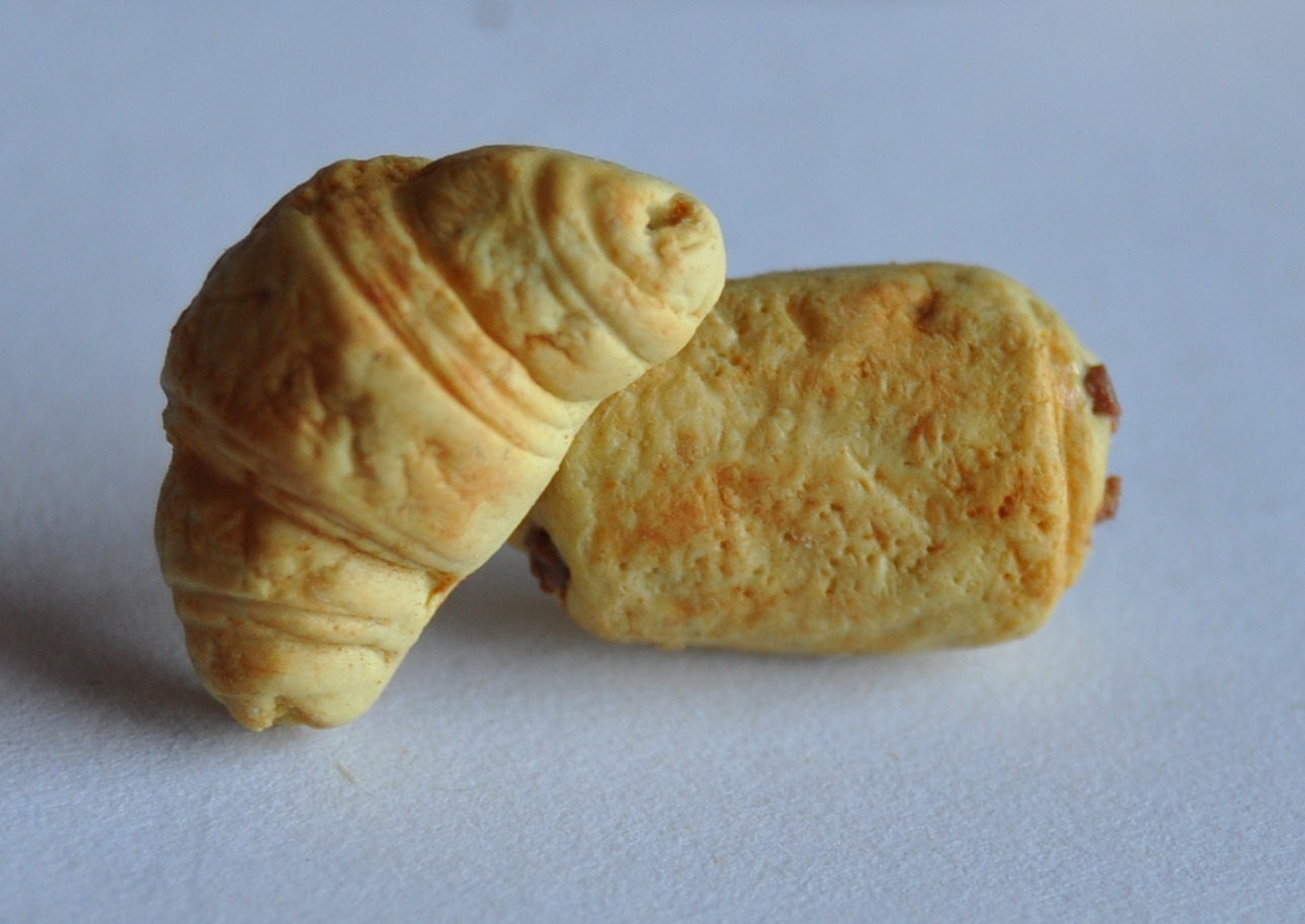 Butter croissant and pain au chocolat earrings - handmade miniature polymer clay food jewelry