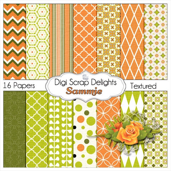 Orange, Green Cream Digital Papers, Sammie w Orange Rose Clip Art for Digital Scrapbooking, Card Making, Photo Backgrounds, Instant Downloa