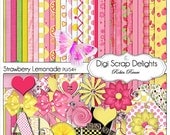 Pink &Yellow Digital Scrapbook Kit: Strawberry Lemonade for Digital Scrapbooking, Card Making, Web Design, Photo Cards, Instant Download