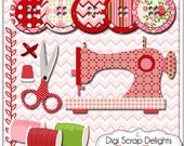 Sew Sew Sewing Clip Art, Instant Download Vintage Rose Digital (Cath Kidson, Style) for Sewing Machine, Buttons, Scissors, Thimble