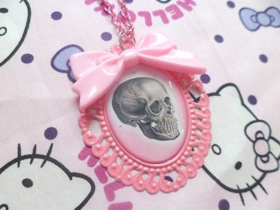 Pink Skull Cameo Necklace With Bow