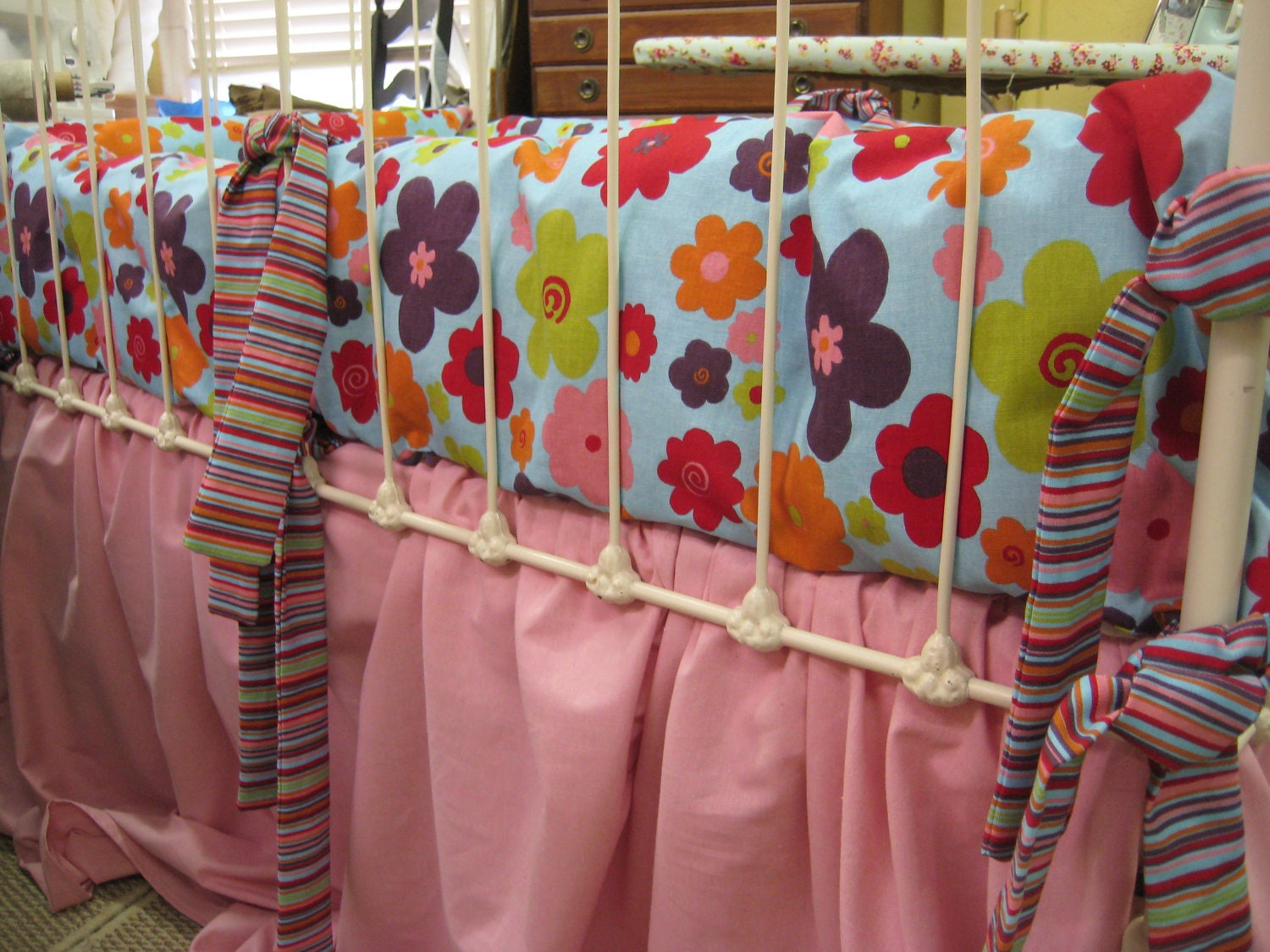 Bright Floral and Happy Stripe Crib Bedding READY TO SHIP
