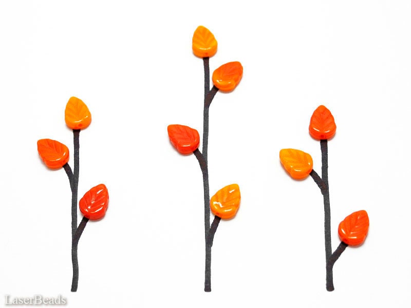 Bright Orange Yellow Czech Glass Leaf Beads 10mm (30) Opaque Pressed Leaves Fire Opal Tree Branch