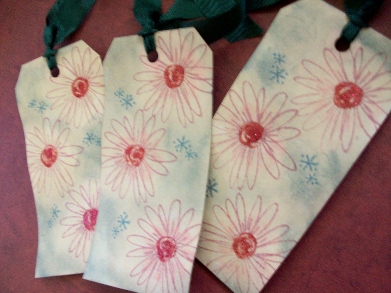 SALE - Handmade Stamped And Inked Flowers Tag Or Bookmark Set of 3
