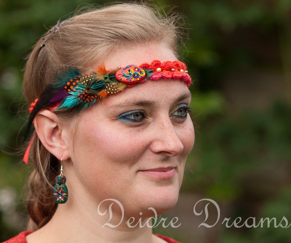 Tribal Fusion Belly Dance Headdress - Hippie Crochet Flapper Feather Boho Gypsy Chic Headband - Polymer Clay Button - Summer Wedding